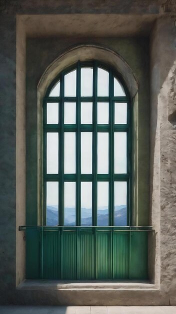 A window in a building that has a green and blue color