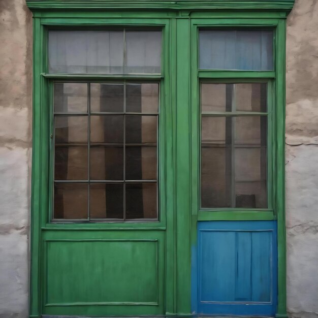 A window in a building that has a green and blue color