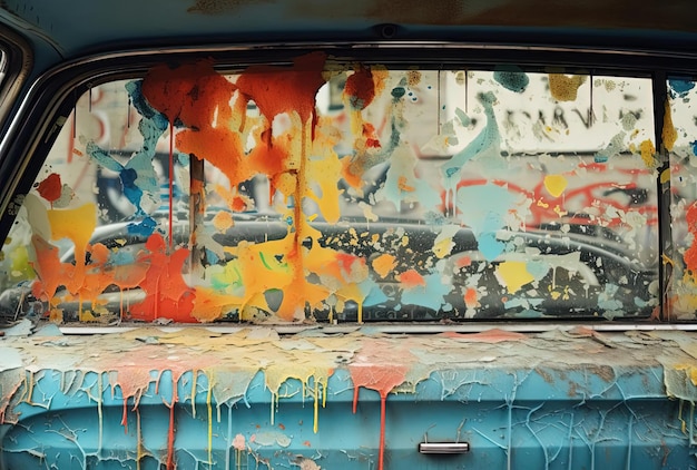 the window of a car covered in graffiti in the style of delicate washes