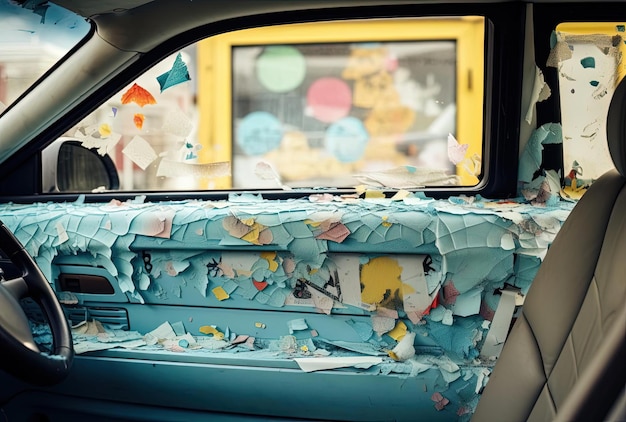 the window of a car covered in graffiti in the style of delicate washes