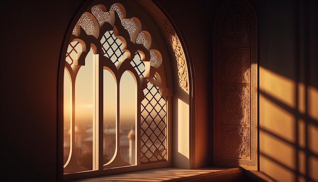 A window in a castle with the sun shining through it.