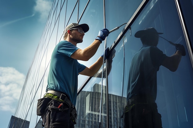 Window cleaner using a squeegee to wash a window Generated AI