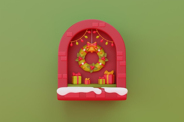 Window decorated in christmas theme with presents and christmas ornament Merry Christmas and Happy New Year 3d rendering