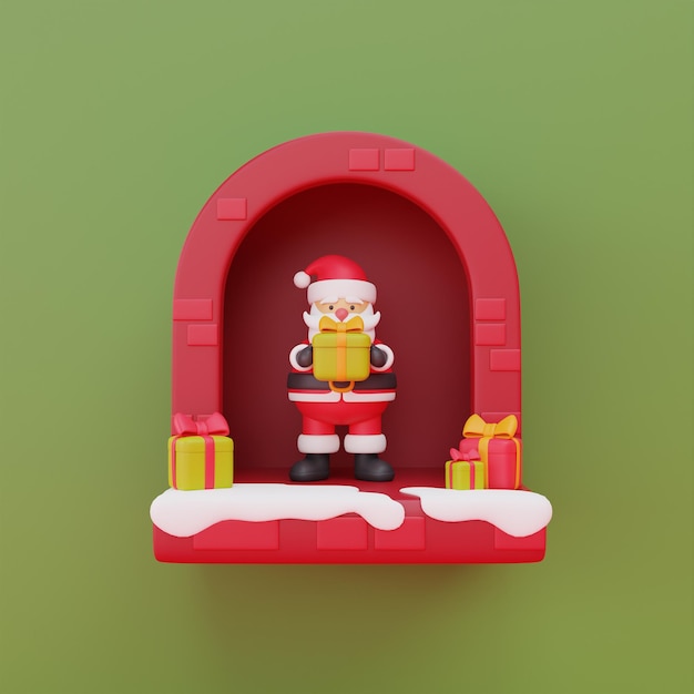 Window decorated in christmas theme with Santa Claus and gift boxes Merry Christmas and Happy New Year 3d rendering