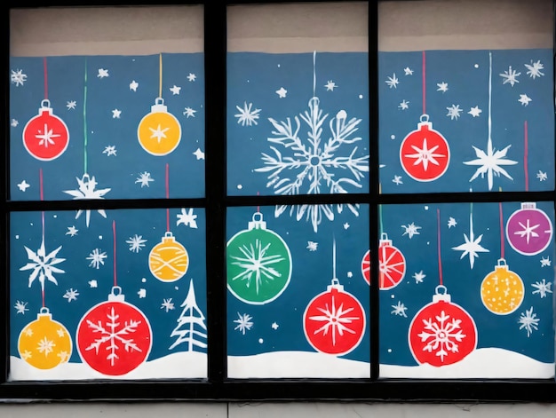 A Window Decorated With Christmas Ornaments And Snowflakes