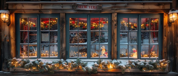 Фото Декорации окон в деревенском винтажном стиле с огнями, снегом и елью поздравляют вас с новым годом