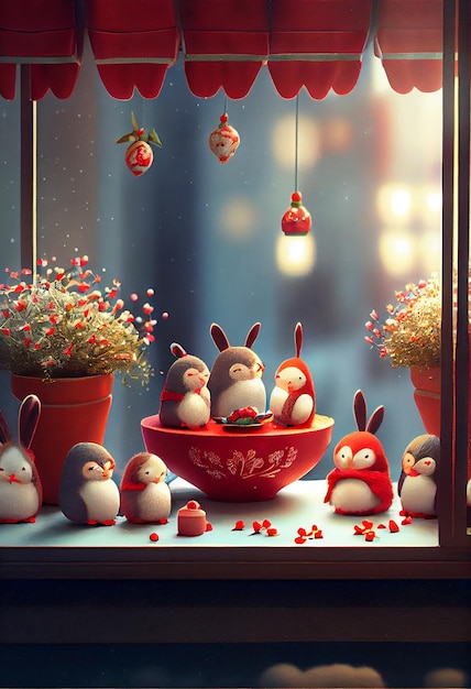 A window display of a rabbit with a red bow and a red pot with a flower on it.