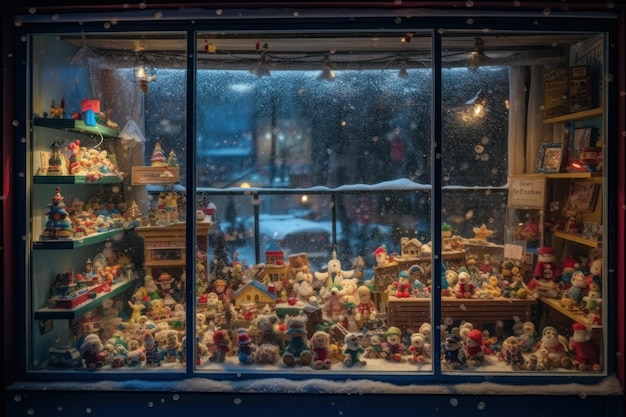 Window display of a store decorated for Christmas