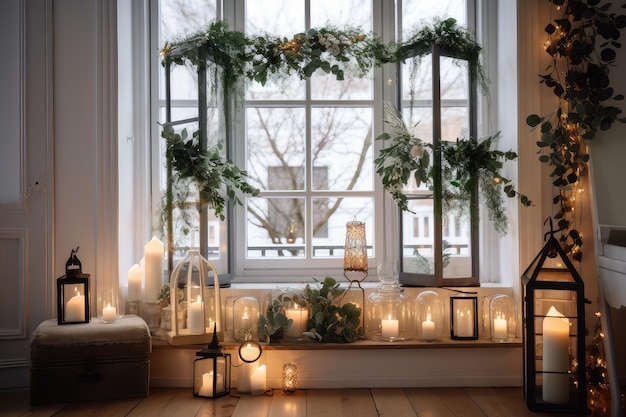 Window frame decorated with lanterns and greenery bringing holiday spirit to the room