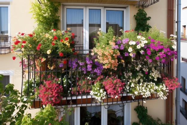 Window garden overflowing with blooms spilling over the balcony railing created with generative ai