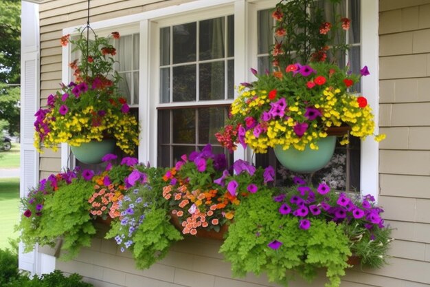 Window garden with hanging baskets and colorful flowers created with generative ai