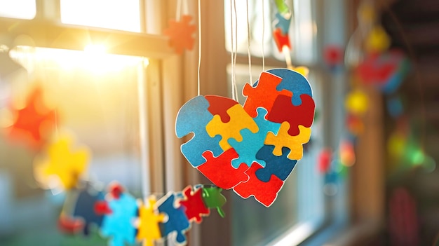 The window is decorated with colorful puzzles and bright hearts for World Autism Day