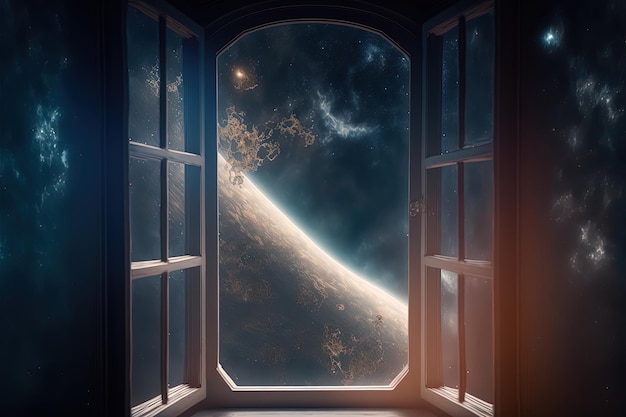 The window is open with a view of space The starry sky 3D rendering Generative AI