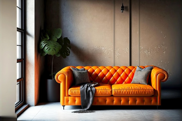 Window of large room with orange colored armchair on concrete wall background