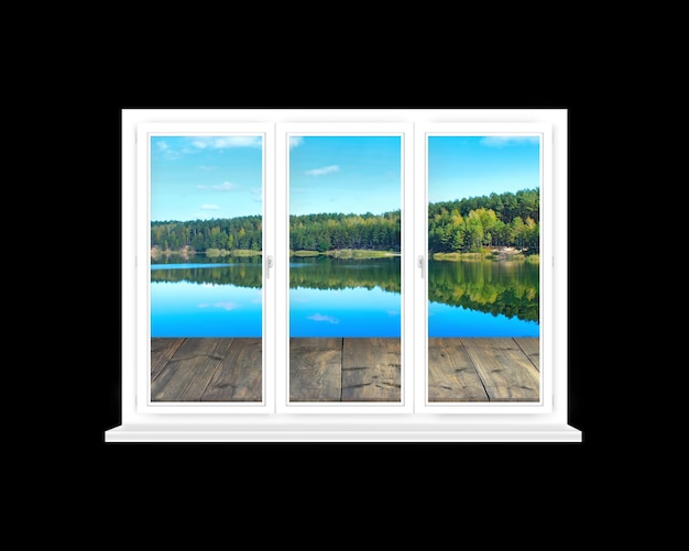 window in modern room with panoramic view to forest lake isolated on black View from window to pine forest and lake Landscape seen from room window
