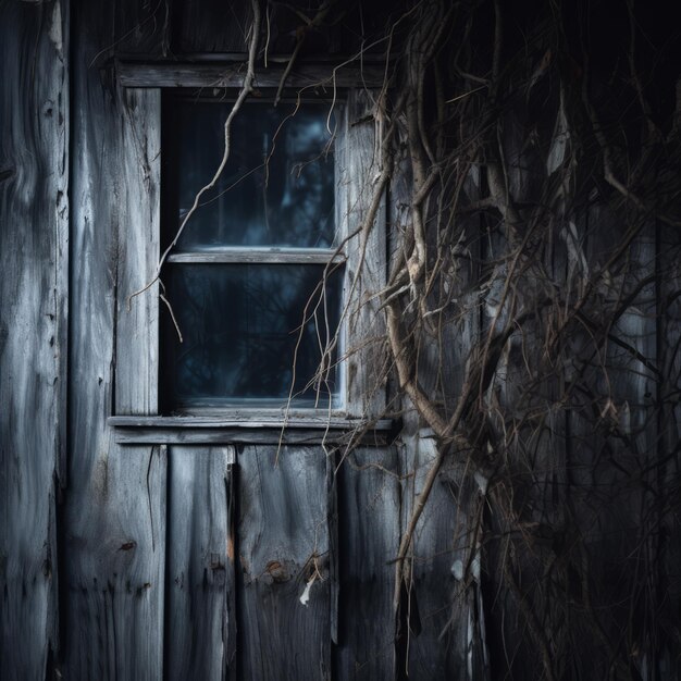 a window in an old wooden house with vines growing around it