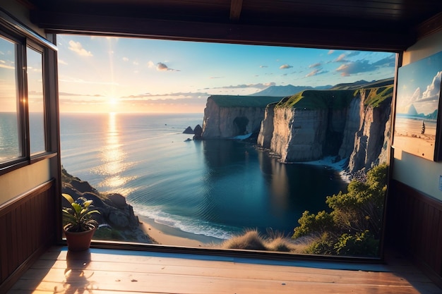 A window overlooking a cliff and the ocean