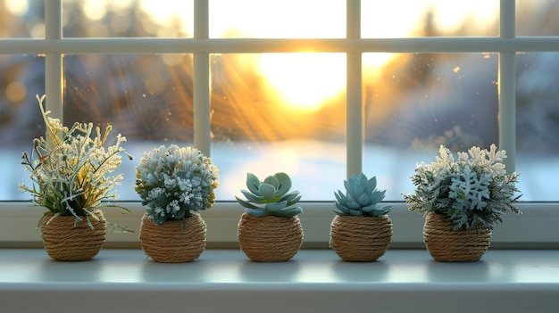 Photo window plant growing on windowsill in winter season against trees covered in snow