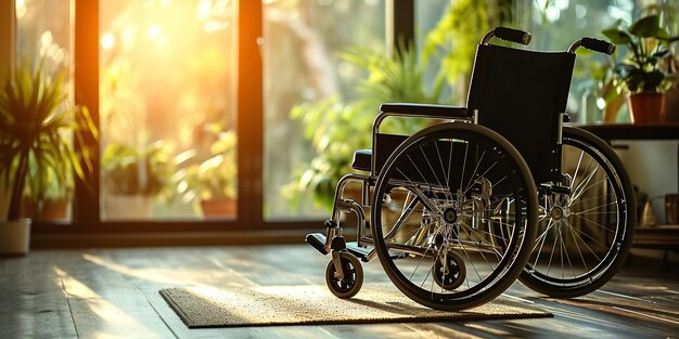 병원 복도 공간의 빈 휠체어에 빛을 제공하는 창문 생성 AI