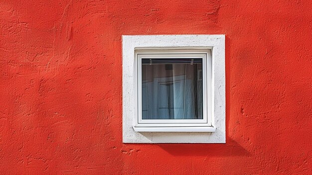 A window on a red wall with a white frame