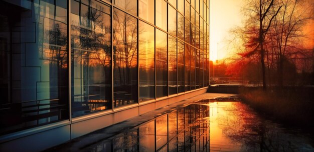 Window reflection of sunset in modern glass building