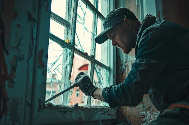 A window repairman fixing a broken window pane emphasizing window repair skills