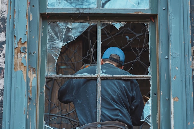 A window repairman fixing a broken window pane emphasizing window repair skills