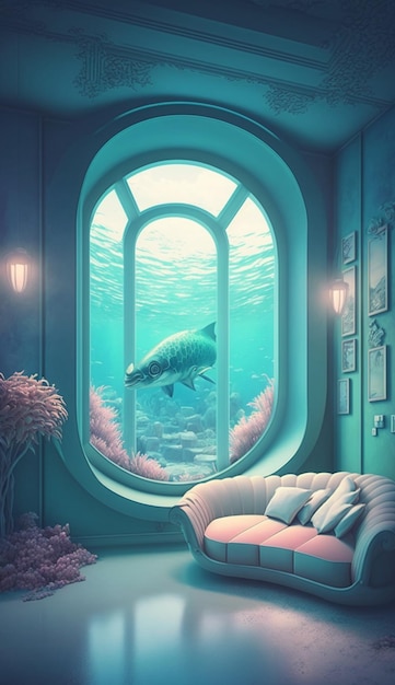 A window in a room with a fish on it