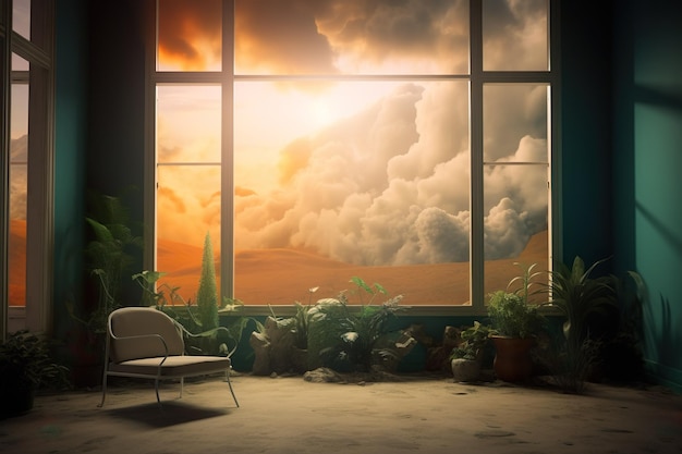 Window in room with surreal and mystical view