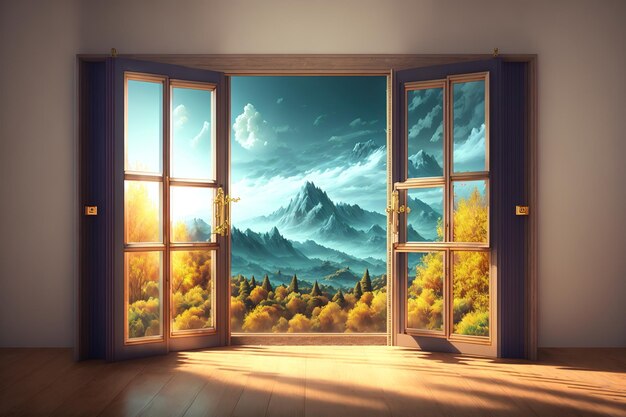 Окно в комнате с сюрреалистическим и мистическим видом