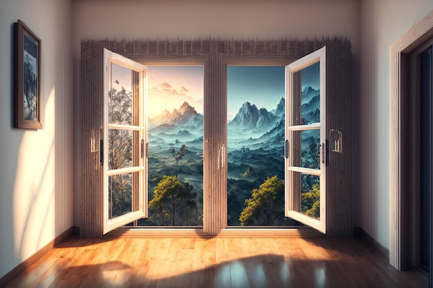 Window in room with surreal and mystical view