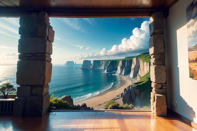 A window in a room with a view of the beach and the sea.