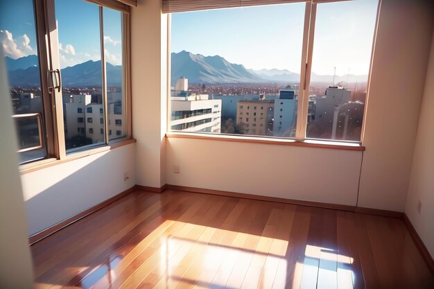 A window in a room with a view of mountains and a city.