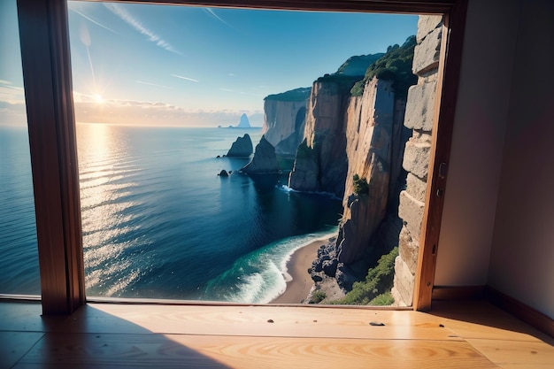 A window in a room with a view of the sea and the sun