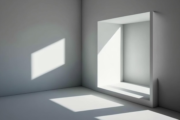 窓の影の正方形のライトグレートーンの空白エリア、家を背景にした最小限の現代的な内部