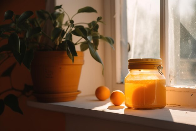 On a window sill there is a bottle of orange juice resting there