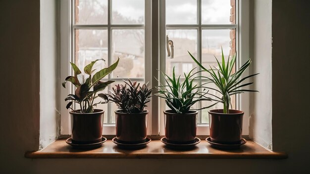 Window sill with interior plants in brown pots inside a room