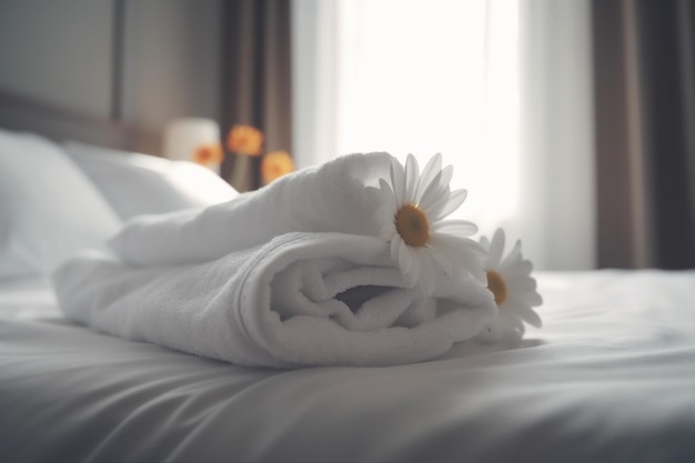 Окно спа цветочная спальня кровать современное приветственное полотенце удобная ванна Generative AI