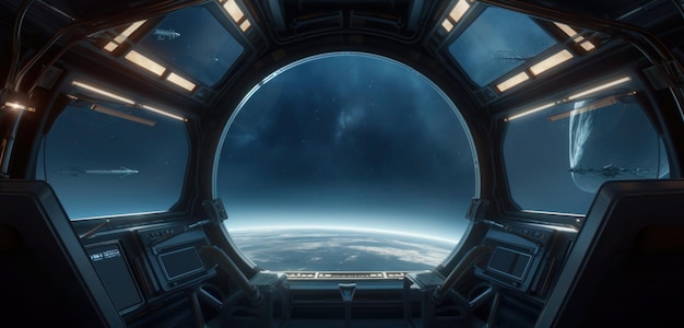 A window in a spaceship with a view of the earth.