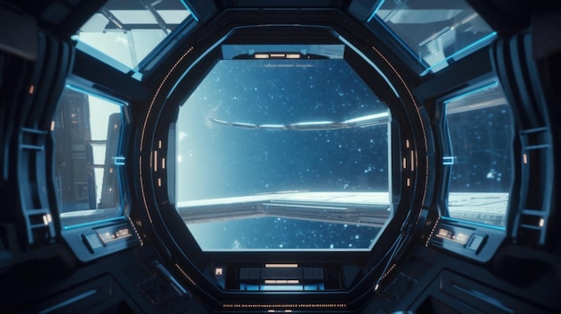 A window in a spaceship with the words space station on the top left
