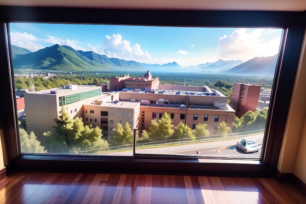 A window that has a view of a mountain and a building on it