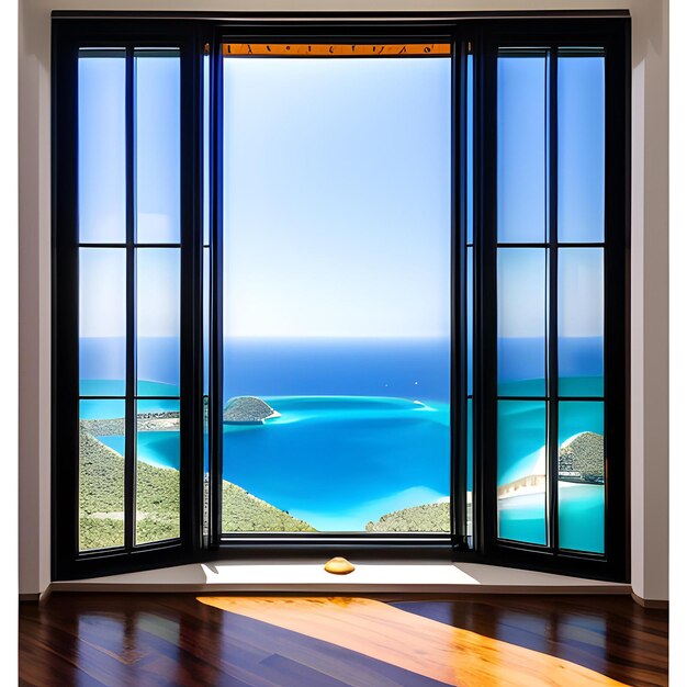 Photo a window that is open to the beach and the sky is blue.