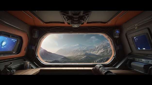 a window in a vehicle with a mountain view.