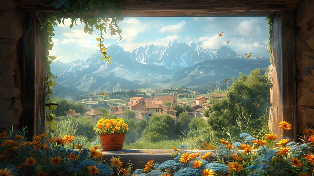 window view italian village blooming flowers Serene Village Amidst Lush Green Mountains with Bright