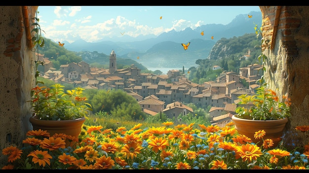 window view italian village blooming flowers Serene Village Amidst Lush Green Mountains with Bright