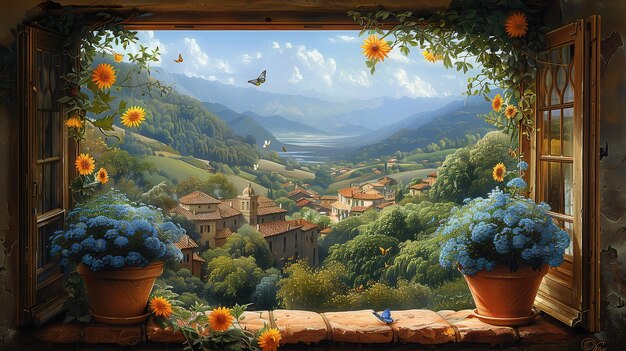 window view italian village blooming flowers Serene Village Amidst Lush Green Mountains with Bright