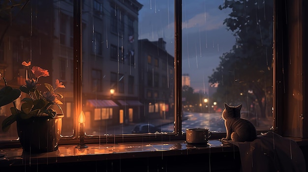 Window view at rainy street night with lonely cat