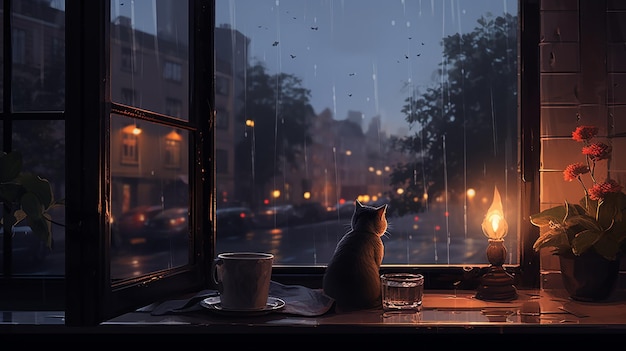 Window view at rainy street night with lonely cat