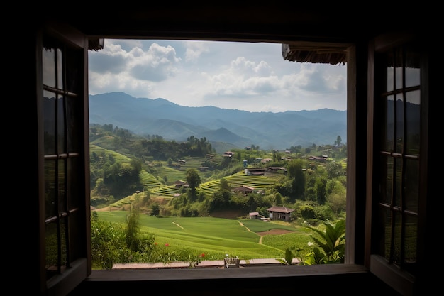 A window view of the rice fields and mountains.