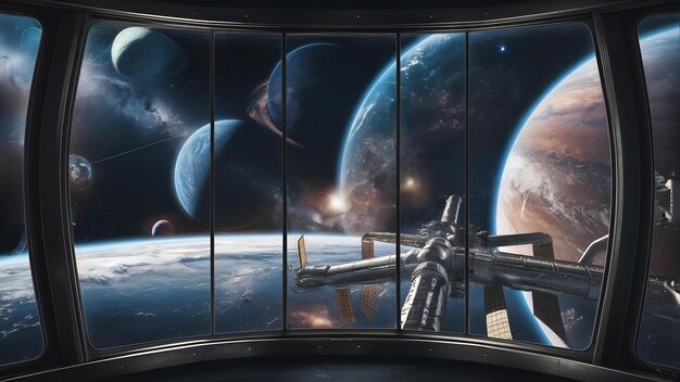 Window view of space and planets from a space station